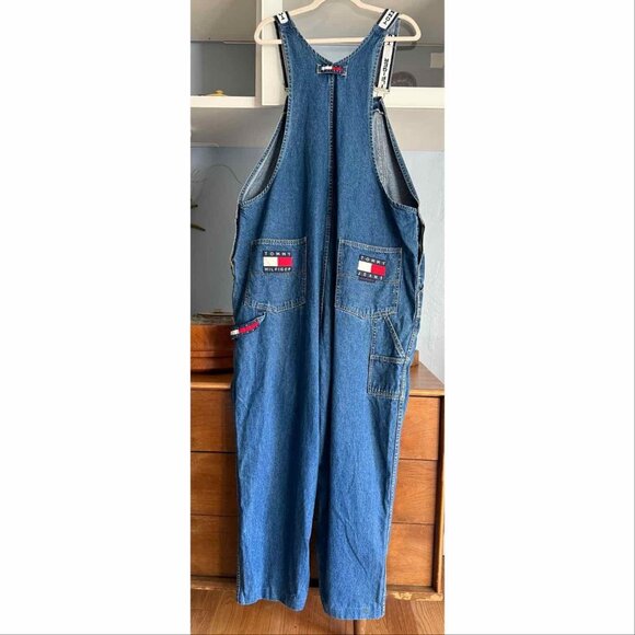 Vintage 90s Tommy Hilfiger Denim Overalls Loose Spellout Hip Hop XL Baggy - Picture 3 of 13